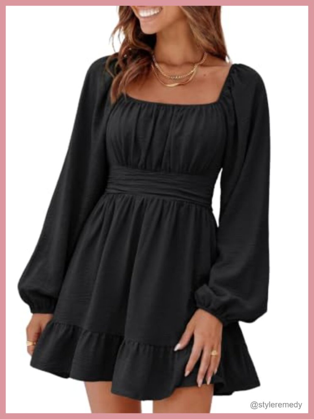 Women's Lantern Sleeve Mini Dress Tie Backless Square Neck A-Line